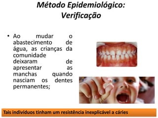 Método Epidemiológico:
Verificação
• Ao mudar o
abastecimento de
água, as crianças da
comunidade
deixaram
apresentar
manchas
de
as
quando
dentes
nasciam os
permanentes;
Tais indivíduos tinham um resistência inexplicável a cáries
 