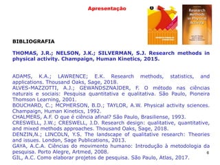 6
Apresentação
BIBLIOGRAFIA
THOMAS, J.R.; NELSON, J.K.; SILVERMAN, S.J. Research methods in
physical activity. Champaign, Human Kinetics, 2015.
ADAMS, K.A.; LAWRENCE; E.K. Research methods, statistics, and
applications. Thousand Oaks, Sage, 2018.
ALVES-MAZZOTTI, A.J.; GEWANDSZNAJDER, F. O método nas ciências
naturais e sociais: Pesquisa quantitativa e qualitativa. São Paulo, Pioneira
Thomson Learning, 2001.
BOUCHARD, C.; MCPHERSON, B.D.; TAYLOR, A.W. Physical activity sciences.
Champaign, Human Kinetics, 1992.
CHALMERS, A.F. O que é ciência afinal? São Paulo, Brasiliense, 1993.
CRESWELL, J.W.; CRESWELL, J.D. Research design: qualitative, quantitative,
and mixed methods approaches. Thousand Oaks, Sage, 2018.
DENZIN,N.; LINCOLN, Y.S. The landscape of qualitative research: Theories
and issues. London, Sage Publications, 2013.
GAYA, A.C.A. Ciências do movimento humano: Introdução à metodologia da
pesquisa. Porto Alegre, Artmed, 2008.
GIL, A.C. Como elaborar projetos de pesquisa. São Paulo, Atlas, 2017.
 