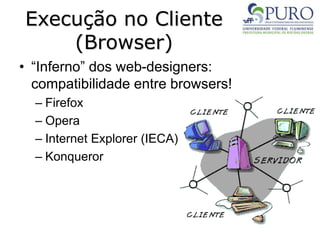 Execução no Cliente
(Browser)
• “Inferno” dos web-designers:
compatibilidade entre browsers!
– Firefox
– Opera
– Internet Explorer (IECA)
– Konqueror
 