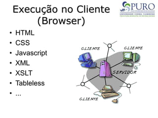 Execução no Cliente
(Browser)
• HTML
• CSS
• Javascript
• XML
• XSLT
• Tableless
• ...
 
