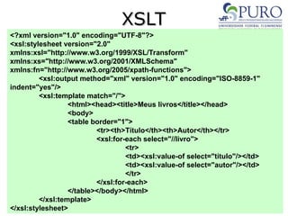 XSLT
XSLT
<?xml version="1.0" encoding="UTF-8"?>
<xsl:stylesheet version="2.0"
xmlns:xsl="http://www.w3.org/1999/XSL/Transform"
xmlns:xs="http://www.w3.org/2001/XMLSchema"
xmlns:fn="http://www.w3.org/2005/xpath-functions">
<xsl:output method="xml" version="1.0" encoding="ISO-8859-1"
indent="yes"/>
<xsl:template match="/">
<html><head><title>Meus livros</title></head>
<body>
<table border="1">
<tr><th>Título</th><th>Autor</th></tr>
<xsl:for-each select="//livro">
<tr>
<td><xsl:value-of select="titulo"/></td>
<td><xsl:value-of select="autor"/></td>
</tr>
</xsl:for-each>
</table></body></html>
</xsl:template>
</xsl:stylesheet>
 