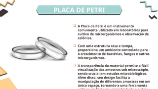 PLACA DE PETRI
 A Placa de Petri é um instrumento
comumente utilizado em laboratórios para
cultivo de microrganismos e observação de
colônias.
 Com uma estrutura rasa e tampa,
proporciona um ambiente controlado para
o crescimento de bactérias, fungos e outros
microrganismos.
 A transparência do material permite a fácil
visualização das amostras sob microscópio,
sendo crucial em estudos microbiológicos.
Além disso, seu design facilita a
manipulação de diferentes amostras em um
único espaço, tornando-a uma ferramenta
 