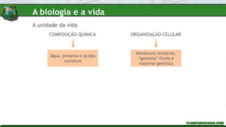 A unidade da vida
COMPOSIÇÃO QUÍMICA ORGANIZAÇÃO CELULAR
Água, proteína e ácidos
nucleicos
Membrana limitante,
“gelatina” fluida e
material genético
A biologia e a vida
 