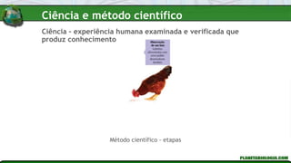 Ciência e método científico
Ciência – experiência humana examinada e verificada que
produz conhecimento
Método científico - etapas
 