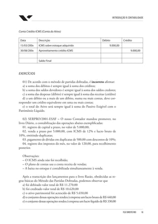 Introdução à Contabilidade
FGV DIREITO RIO  18
Conta Crédito ICMS (Conta do Ativo)
Data Descrição Débito Crédito
15/03/200x ICMS sobre estoque adquirido 9.000,00
30/08/200x Aproveitamento crédito ICMS 9.000,00
Saldo Final
EXERCÍCIOS
01) De acordo com o método de partidas dobradas, é incorreto afirmar:
a) a soma dos débitos é sempre igual à soma dos créditos;
b) a soma dos saldos devedores é sempre igual à soma dos saldos credores;
c) a soma das despesas (débito) é sempre igual à soma das receitas (crédito)
d) a um débito ou a mais de um débito, numa ou mais contas, deve cor-
responder um crédito equivalente em uma ou mais contas;
e) o total do Ativo será sempre igual à soma do Passivo Exigível com o
Patrimônio Líquido.
02) SERPRO/2001-ESAF – O nosso Contador mandou promover, no
livro Diário, a contabilização das operações abaixo exemplificadas:
01. registro de capital a prazo, no valor de 5.000,00;
02. venda a prazo por 5.000,00, com ICMS de 12% e lucro bruto de
10%, emitindo duplicatas;
03. pagamento de dívidas em duplicatas de 500,00 com descontos de 10%;
04. registro dos impostos do mês, no valor de 120,00, para recolhimento
posterior.
Observações:
– O ICMS ainda não foi recolhido;
– O plano de contas usa a conta receita de vendas;
– A baixa no estoque é contabilizada simultaneamente à venda.
Após a transcrição dos lançamentos para o livro Razão, obedecidas as re-
gras básicas do Método das Partidas Dobradas, podemos observar que
a) foi debitado valor total de R$ 11.270,00
b) foi creditado valor total de R$ 10.620,00
c) o ativo patrimonial foi acrescido de R$ 5.650,00
d)oconjuntodessasoperaçõesrendeuàempresaumlucrobrutodeR$440,00
e)oconjuntodessasoperaçõesrendeuàempresaumlucrolíquidodeR$330,00
 