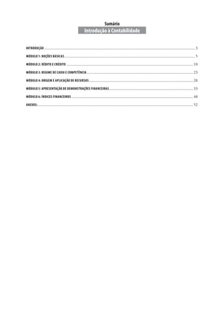 Sumário
Introdução à Contabilidade
INTRODUÇÃO......................................................................................................................................................3
MÓDULO 1: NOÇÕES BÁSICAS..................................................................................................................................5
MÓDULO 2: DÉBITO E CRÉDITO..............................................................................................................................10
MÓDULO 3: REGIME DE CAIXA E COMPETÊNCIA..........................................................................................................23
MÓDULO 4: ORIGEM E APLICAÇÃO DE RECURSOS........................................................................................................28
MÓDULO 5: APRESENTAÇÃO DE DEMONSTRAÇÕES FINANCEIRAS....................................................................................33
MÓDULO 6: ÍNDICES FINANCEIROS.........................................................................................................................48
ANEXOS:..........................................................................................................................................................52
 