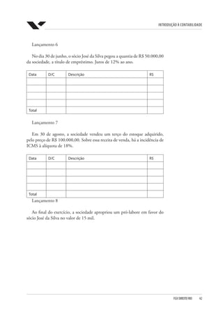 Introdução à Contabilidade
FGV DIREITO RIO  42
Lançamento 6
No dia 30 de junho, o sócio José da Silva pegou a quantia de R$ 50.000,00
da sociedade, a título de empréstimo. Juros de 12% ao ano.
Data D/C Descrição R$
Total
Lançamento 7
Em 30 de agosto, a sociedade vendeu um terço do estoque adquirido,
pelo preço de R$ 100.000,00. Sobre essa receita de venda, há a incidência de
ICMS à alíquota de 18%.
Data D/C Descrição R$
Total
Lançamento 8
Ao final do exercício, a sociedade apropriou um pró-labore em favor do
sócio José da Silva no valor de 15 mil.
 