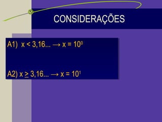 CONSIDERAÇÕES
A1) x < 3,16... → x = 100
A2) x > 3,16... → x = 101
A1) x < 3,16... → x = 100
A2) x > 3,16... → x = 101
 