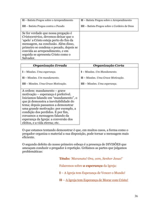 II – Batista Pregou sobre o Arrependimento    II – Batista Pregou sobre o Arrependimento

III – Batista Pregou contra o Pecado          III – Batista Pregou sobre o Cordeiro de Deus

Se for verdade que nossa pregação é
Cristocentrica, devemos deixar que o
‘apelo’ a Cristo esteja perto do fim da
mensagem, na conclusão. Além disso,
primeiro se condena o pecado, depois se
convida ao arrependimento, e em
seguida se apresenta Cristo como o
Salvador.

         Organização Errada                             Organização Certa
I – Missões. Uma esperança.                   I – Missões. Um Mandamento.

II – Missões. Um mandamento.                  II – Missões. Uma Grave Motivação.

III – Missões. Uma Grave Motivação.           III – Missões. Uma esperança.

A ordem: mandamento – grave
motivação – esperança é preferível.
Iniciamos falando em “mandamento”, o
que já demonstra a inevitabilidade do
tema; depois passamos a demonstrar
uma grande motivação: por exemplo, a
condição dos perdidos. E por fim,
coroamos a mensagem falando da
esperança da Igreja: a conversão dos
eleitos, e a vida eterna; etc.

O que estamos tentando demonstrar é que, em muitos casos, a forma como o
pregador organiza o material a sua disposição, pode tornar a mensagem mais
eficiente.

O segundo defeito do nosso primeiro esboço é a presença de DIVISÕES que
ameaçam conduzir o pregador à repetição. Grifamos as partes que julgamos
problemáticas:

                               Título: ‘Maranata! Ora, vem, Senhor Jesus!’

                               Falaremos sobre a esperança da Igreja:

                               I – A Igreja tem Esperança de Vencer o Mundo!

                               II – A Igreja tem Esperança de Morar com Cristo!




                                                                                              36
 