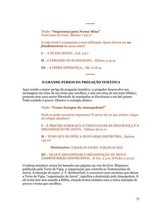 ******

             Título: “Segurança para Nossa Alma”
             Texto base do tema: Mateus 7.24-27

             A vida cristã é comparada a uma edificação. Quais devem ser os
             fundamentos da nossa alma?

             I – A FÉ EM CRISTO... Col. 2.6,7

             II –A VERDADE DO EVANGELHO... Efésios 4.14,15

             III – A FIRME ESPERANÇA... Hb. 6.18,19

                                             ******

              O GRANDE PERIGO DA PREGAÇÃO TEMÁTICA

Aqui reside o maior perigo da pregação temática: o pregador desenvolve sua
mensagem em cima de um tema que escolheu, e não em cima de um texto bíblico;
portanto tem uma maior liberdade de manipular as Escrituras a seu bel prazer.
Todo cuidado é pouco. Observe o exemplo abaixo:

             Título: “Como Escapar do Amargedom?”

             Onde se pode encontrar segurança? E quem são os que acham o lugar
             de refúgio absoluto?

             I – É PRECISO SABER QUE O ÚNICO LUGAR DE SEGURANÇA É A
             ORGANIZAÇÃO DE JEOVÁ... Salmos 46.10,11.

             II – TUDO QUE SE OPÕE A JEOVÁ SERÁ DESTRUÍDO... Salmos
             145.20

                    Ilustrações: A Queda de Lúcifer; A Queda de Saul.

             III – OS QUE ABANDONAM A ORGANIZAÇÃO DE JEOVÁ
             TAMBÉM SERÃO DESTRUIÍDOS... II Tes. 2.3-9; II Pedro 2.20,21.

O esboço temático acima foi baseado nas páginas 95-100 do livro ‘Riquezas’,
publicado pela Torre de Vigia, a organização que controla as Testemunhas de
Jeová. A intenção do autor, J. F. Rutheerford, é convencer seus ouvintes que deixar
a Torre de Vigia, “organização de Jeová”, significa a destruição pelo Amargedom. E
ele tenta faze isso usando a Bíblia, citando textos isolados com a única intenção de
provar o tema que escolheu.



                                                                                  52
 