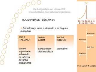 Da Antigüidade ao século XIX:
        breve histórico dos estudos lingüísticos


  MODERNIDADE - SÉC XIX 2/8


   Semelhança entre o sânscrto e as línguas
 européias
                                                                 Modernidade


com o            com o             com o
ITALIANO         LATIM             GREGO           Renascença




                                                                 Idade Média
sas/sei          dana/donum        asmi/eimi
sapta/sette      vidhava/vidua
                                                   Antigüidade
astau/otto
nava/nova
deva/dio
sarpa/serpe
 