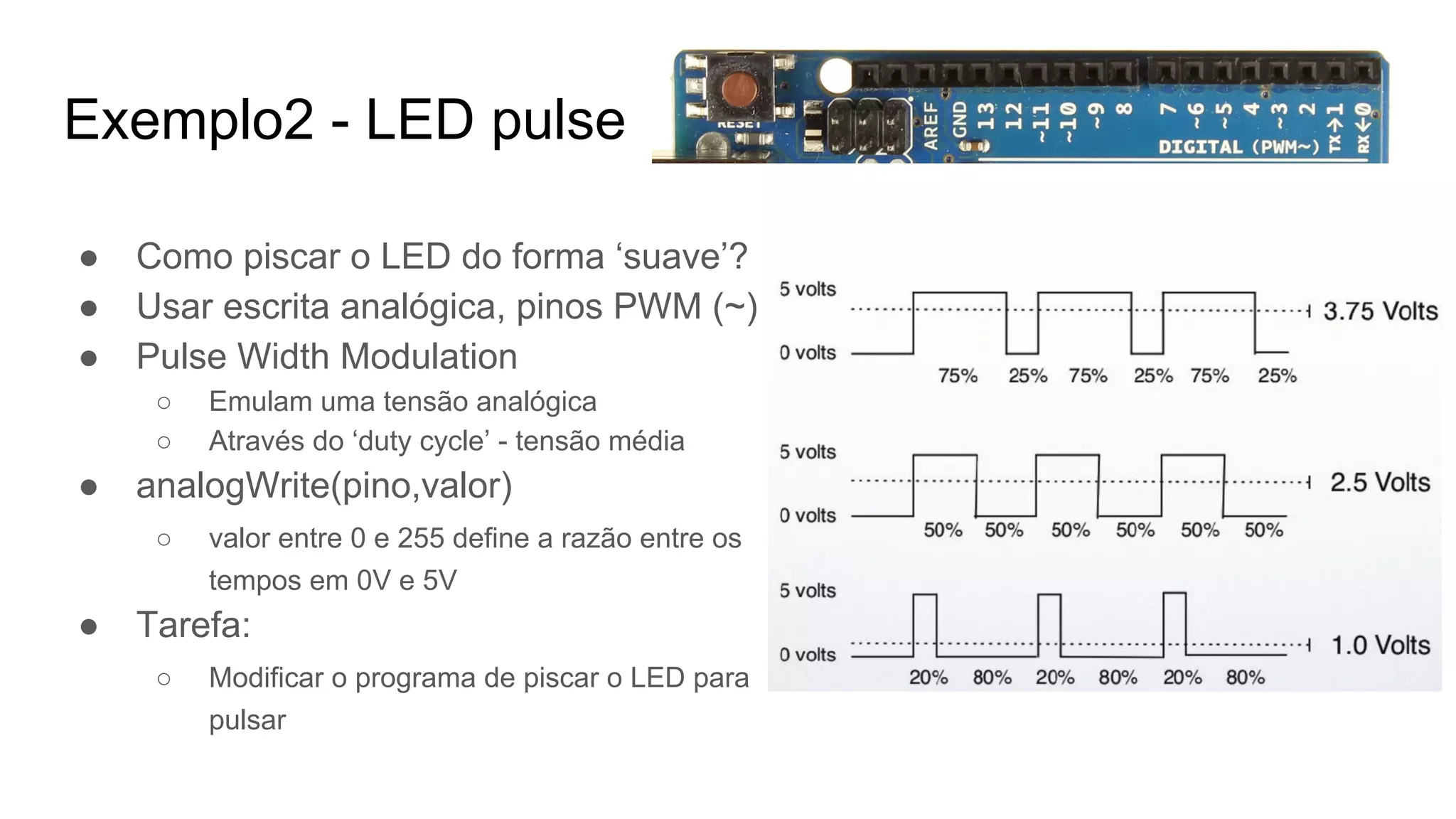 Exemplo2 - LED pulse
● Como piscar o LED do forma ‘suave’?
● Usar escrita analógica, pinos PWM (~)
● Pulse Width Modulation
○ Emulam uma tensão analógica
○ Através do ‘duty cycle’ - tensão média
● analogWrite(pino,valor)
○ valor entre 0 e 255 define a razão entre os
tempos em 0V e 5V
● Tarefa:
○ Modificar o programa de piscar o LED para
pulsar
 