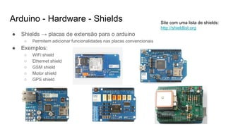 Arduino - Hardware - Shields
● Shields → placas de extensão para o arduino
○ Permitem adicionar funcionalidades nas placas convencionais
● Exemplos:
○ WiFi shield
○ Ethernet shield
○ GSM shield
○ Motor shield
○ GPS shield
Site com uma lista de shields:
http://shieldlist.org
 