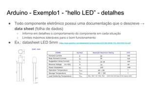 Arduino - Exemplo1 - “hello LED” - detalhes
● Todo componente eletrônico possui uma documentação que o descreve →
data sheet (folha de dados)
○ Informa em detalhes o comportamento do componente em cada situação
○ Limites máximos toleráveis para o bom funcionamento
● Ex.: datasheet LED 5mm (https://www.sparkfun.com/datasheets/Components/LED/COM-09590-YSL-R531R3D-D2.pdf)
 