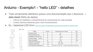 Arduino - Exemplo1 - “hello LED” - detalhes
● Todo componente eletrônico possui uma documentação que o descreve →
data she...