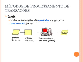MÉTODOS DE PROCESSAMENTO DE
TRANSAÇÕES


Batch
 todas

as transações são coletadas em grupos e
processadas juntas;

Saída
Entrada
de dados

Entrada
(em lotes)

Processamento
em lotes (batch)

 