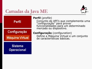Camadas da Java ME Perfil  ( profile ) Conjunto de API’s que complementa uma “configuração” para prover funcionalidades para um determinado mercado ou dispositivo. Configuração  ( configuration ) Define a Máquina Virtual e um conjunto de características básicas. 