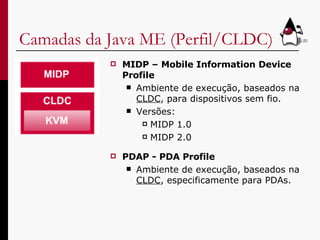 Camadas da Java ME (Perfil/CLDC) MIDP – Mobile Information Device Profile Ambiente de execução, baseados na  CLDC , para dispositivos sem fio. Versões: MIDP 1.0 MIDP 2.0 PDAP - PDA Profile   Ambiente de execução, baseados na  CLDC , especificamente para PDAs. 