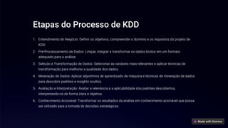 Etapas do Processo de KDD
Entendimento do Negócio: Definir os objetivos, compreender o domínio e os requisitos do projeto de
KDD.
1.
Pré-Processamento de Dados: Limpar, integrar e transformar os dados brutos em um formato
adequado para a análise.
2.
Seleção e Transformação de Dados: Selecionar as variáveis mais relevantes e aplicar técnicas de
transformação para melhorar a qualidade dos dados.
3.
Mineração de Dados: Aplicar algoritmos de aprendizado de máquina e técnicas de mineração de dados
para descobrir padrões e insights ocultos.
4.
Avaliação e Interpretação: Avaliar a relevância e a aplicabilidade dos padrões descobertos,
interpretando-os de forma clara e objetiva.
5.
Conhecimento Acionável: Transformar os resultados da análise em conhecimento acionável que possa
ser utilizado para a tomada de decisões estratégicas.
6.
 