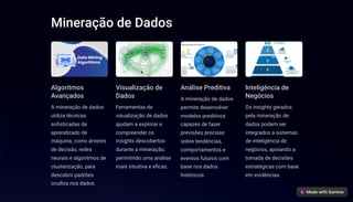 Mineração de Dados
Algoritmos
Avançados
A mineração de dados
utiliza técnicas
sofisticadas de
aprendizado de
máquina, como árvores
de decisão, redes
neurais e algoritmos de
clusterização, para
descobrir padrões
ocultos nos dados.
Visualização de
Dados
Ferramentas de
visualização de dados
ajudam a explorar e
compreender os
insights descobertos
durante a mineração,
permitindo uma análise
mais intuitiva e eficaz.
Análise Preditiva
A mineração de dados
permite desenvolver
modelos preditivos
capazes de fazer
previsões precisas
sobre tendências,
comportamentos e
eventos futuros com
base nos dados
históricos.
Inteligência de
Negócios
Os insights gerados
pela mineração de
dados podem ser
integrados a sistemas
de inteligência de
negócios, apoiando a
tomada de decisões
estratégicas com base
em evidências.
 