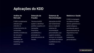 Aplicações do KDD
Análise de
Mercado
O KDD é amplamente
utilizado para
entender os
comportamentos do
consumidor,
identificar tendências
de mercado e
desenvolver
estratégias de
marketing mais
assertivas.
Detecção de
Fraudes
Técnicas de KDD
ajudam a identificar
padrões suspeitos em
transações
financeiras,
possibilitando a
prevenção e a
detecção precoce de
fraudes.
Sistemas de
Recomendação
Aplicações de KDD
são fundamentais
para a criação de
sistemas de
recomendação
personalizados, que
sugerem produtos,
serviços ou conteúdo
com base nos hábitos
e preferências dos
usuários.
Medicina e Saúde
O KDD é empregado
na análise de dados
clínicos, genômicos e
epidemiológicos,
contribuindo para o
desenvolvimento de
diagnósticos mais
precisos e
tratamentos
personalizados.
 