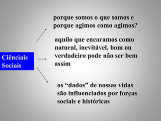 porque somos o que somos e
porque agimos como agimos?
Ciênciais
Sociais
aquilo que encaramos como
natural, inevitável, bom ou
verdadeiro pode não ser bem
assim
os “dados” de nossas vidas
são influenciados por forças
sociais e históricas
 