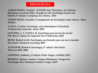 LEMOS FILHO, Arnaldo. O surgimento da Sociologia como ciência , idem
ibidem
COSTA, Cristina, Sociologia, uma introdução à Sociedade.
4ªedição.São Paulo:Ed. Atual, 2010
OLIVEIRA, L. F.-COSTA, R. Sociologia para jovens do século
XXI. Rio,2ª edição Ed. Imperial Novo Milenium, 2010
BRYM, Robert et alii. Sociologia, sua bússola para um novo mundo.
São Paulo: Thomson Learning, 2007
BIBLIOGRAFIA
SCHAEFER, Richard. Sociologia, 6ª edição. São Paulo:
McGraw-Hill, 2006
GIDDENS, Anthony., 6ªedição. Porto Alegre: ArtMed, 2012
LEMOS FILHO, Arnaldo - JUNIOR, José Theodoro, As Ciências
Humanas, in Lemos Filho, Arnaldo et alii. Sociologia Geral e do
Direito. 6ª edição. Campinas, Ed. Alínea, 2014
BOMENY, Helena e outros. Tempos Modernos, Tempos de
Sociologia. Rio, Fundação Getulio Vargas ,2010.
 