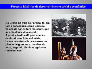 Processo histórico de desenvolvimento social e econômico
No Brasil, no Vale da Paraíba, foi em
torno da fazenda, como unidade
básica da agricultura mercantil, que
se articulou a vida social .
A produção do café permaneceu
dentro dos moldes coloniais,
baseada no trabalho escravo e no
plantio de grandes extensões de
terra, segundo técnicas agrícolas
rudimentares.
 