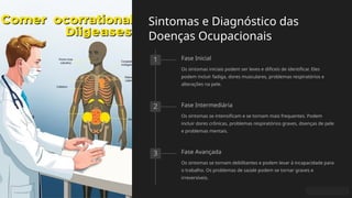 Sintomas e Diagnóstico das
Doenças Ocupacionais
1 Fase Inicial
Os sintomas iniciais podem ser leves e difíceis de identificar. Eles
podem incluir fadiga, dores musculares, problemas respiratórios e
alterações na pele.
2 Fase Intermediária
Os sintomas se intensificam e se tornam mais frequentes. Podem
incluir dores crônicas, problemas respiratórios graves, doenças de pele
e problemas mentais.
3 Fase Avançada
Os sintomas se tornam debilitantes e podem levar à incapacidade para
o trabalho. Os problemas de saúde podem se tornar graves e
irreversíveis.
 