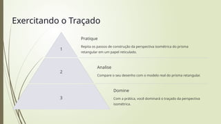 Exercitando o Traçado
1
Pratique
Repita os passos de construção da perspectiva isométrica do prisma
retangular em um papel reticulado.
2
Analise
Compare o seu desenho com o modelo real do prisma retangular.
3
Domine
Com a prática, você dominará o traçado da perspectiva
isométrica.
 