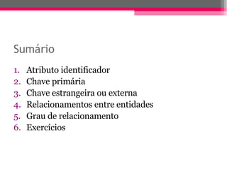 Sumário Atributo identificador Chave primária Chave estrangeira ou externa Relacionamentos entre entidades Grau de relacionamento Exercícios 