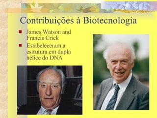 Contribuições à Biotecnologia James Watson and Francis Crick Estabeleceram a estrutura em dupla hélice do DNA 