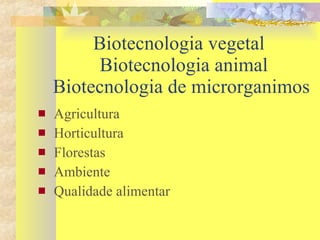 Biotecnologia vegetal   Biotecnologia animal Biotecnologia de microrganimos Agricultura Horticultura Florestas Ambiente Qualidade alimentar  