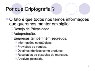 Por que Criptografia ? O fato é que todos nós temos informações que queremos manter em sigilo: Desejo de Privacidade. Autoproteção. Empresas também têm segredos. Informações estratégicas. Previsões de vendas. Detalhes técnicos como produtos. Resultados de pesquisa de mercado. Arquivos pessoais. 