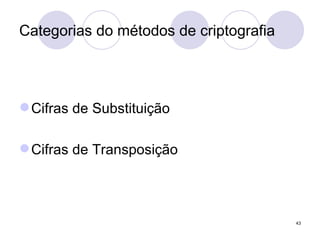 Categorias do métodos de criptografia Cifras de Substituição Cifras de Transposição 