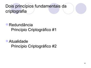 Dois princípios fundamentais da criptografia Redundância   Princípio Criptográfico #1  Atualidade   Princípio Criptográfico #2 