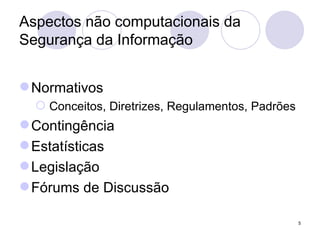 Aspectos não computacionais da Segurança da Informação Normativos Conceitos, Diretrizes, Regulamentos, Padrões  Contingência Estatísticas Legislação Fórums de Discussão 