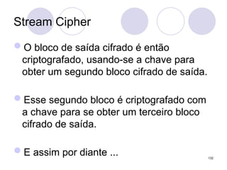 Stream Cipher
O bloco de saída cifrado é então
criptografado, usando-se a chave para
obter um segundo bloco cifrado de saída.
Esse segundo bloco é criptografado com
a chave para se obter um terceiro bloco
cifrado de saída.
E assim por diante ... 132
 