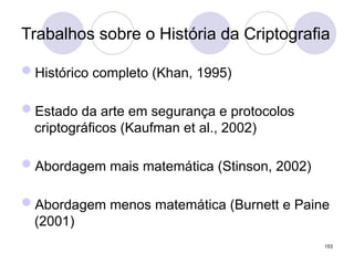 Trabalhos sobre o História da Criptografia
Histórico completo (Khan, 1995)
Estado da arte em segurança e protocolos
criptográficos (Kaufman et al., 2002)
Abordagem mais matemática (Stinson, 2002)
Abordagem menos matemática (Burnett e Paine
(2001)
153
 