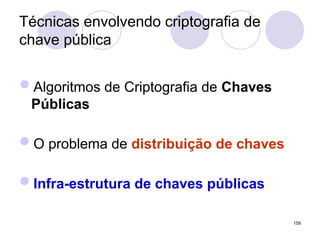 Técnicas envolvendo criptografia de
chave pública
Algoritmos de Criptografia de Chaves
Públicas
O problema de distribuição de chaves
Infra-estrutura de chaves públicas
159
 