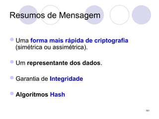 Resumos de Mensagem
Uma forma mais rápida de criptografia
(simétrica ou assimétrica).
Um representante dos dados.
Garantia de Integridade
Algoritmos Hash
161
 