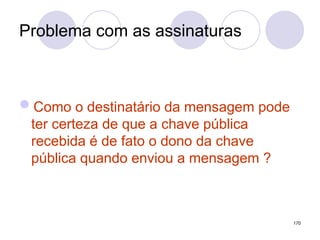Problema com as assinaturas
Como o destinatário da mensagem pode
ter certeza de que a chave pública
recebida é de fato o dono da chave
pública quando enviou a mensagem ?
170
 