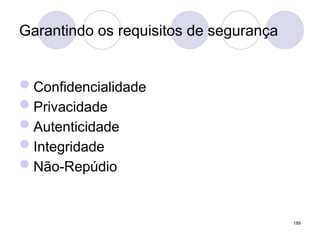 Garantindo os requisitos de segurança
Confidencialidade
Privacidade
Autenticidade
Integridade
Não-Repúdio
189
 