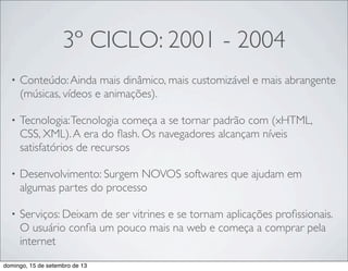3º CICLO: 2001 - 2004
• Conteúdo:Ainda mais dinâmico, mais customizável e mais abrangente
(músicas, vídeos e animações).
• Tecnologia:Tecnologia começa a se tornar padrão com (xHTML,
CSS, XML).A era do ﬂash. Os navegadores alcançam níveis
satisfatórios de recursos
• Desenvolvimento: Surgem NOVOS softwares que ajudam em
algumas partes do processo
• Serviços: Deixam de ser vitrines e se tornam aplicações proﬁssionais.
O usuário conﬁa um pouco mais na web e começa a comprar pela
internet
domingo, 15 de setembro de 13
 