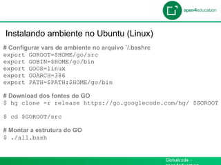Introdução

 Instalando ambiente no Ubuntu (Linux)
 # Configurar vars de ambiente no arquivo ˜/.bashrc
 export GOROOT=$HOME/go/src
 export GOBIN=$HOME/go/bin
 export GOOS=linux
 export GOARCH=386
 export PATH=$PATH:$HOME/go/bin

 # Download dos fontes do GO
 $ hg clone -r release https://go.googlecode.com/hg/ $GOROOT

 $ cd $GOROOT/src

 # Montar a estrutura do GO
 $ ./all.bash
 