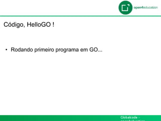 Introdução

 Código, HelloGO !


  •  Rodando primeiro programa em GO...
 