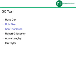 Introdução

 GO Team

  •  Russ Cox
  •  Rob Pike
  •  Ken Thompson
  •  Robert Griesemer
  •  Adam Langley
  •  Ian Taylor
 