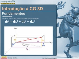 Introdução à CG 3D Fundamentos Três dimensões: a distância entre os dois pontos será obtida a partir da relação: ds 2  = dx 2  + dy 2  + dz 2 