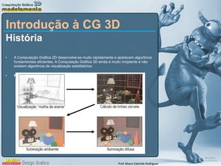 Introdução à CG 3D História A Computação Gráfica 2D desenvolve-se muito rapidamente e aparecem algoritmos fundamentais eficientes. A Computação Gráfica 3D ainda é muito incipiente e não existem algoritmos de visualização satisfatórios. Progressos obtidos nos anos 60: 