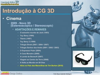 Cinema 2009 - Novo 3D  (Estereoscópico / Stereoscopic) ADAPTAÇÕES E REMAKES O estranho mundo de Jack (1993) Toy Story (1995) Titanic (1997) Toy Story 2 (1999) Trilogia Shrek (2001 / 2004 / 2007) Trilogia Senhor dos Anéis (2001 / 2002 / 2003) O Expresso Polar (2004) A Casa Monstro (2006) A Lenda de Beowulf (2007) Viagem ao Centro da Terra (2008) A Volta ao Mundo em 80 Dias  Alice no País das Maravilhas de Tim Burton (2010) Introdução à CG 3D 